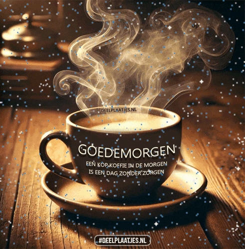 a cup of coffee with smoke coming out of it says goedemorgen