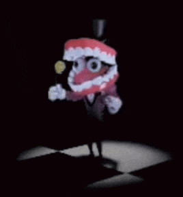 a cartoon character is wearing a top hat and holding a light bulb in his mouth .