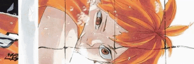 a close up of a person 's face with orange hair and red eyes behind a fence .