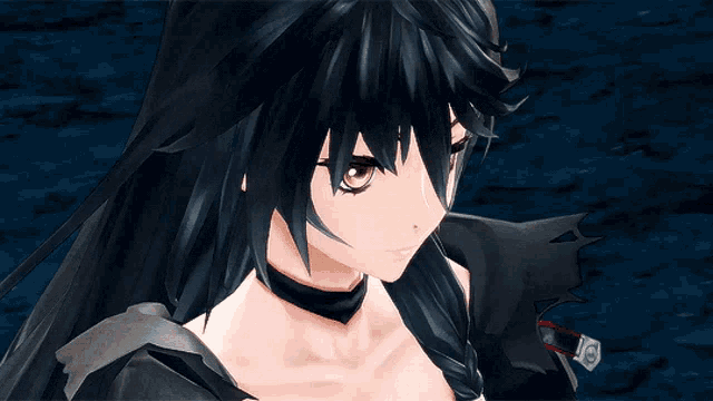a girl with long black hair and brown eyes is wearing a black choker