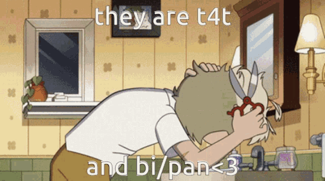 a cartoon of a man washing his face with the words they are t4t and bi / pan < 3 below him