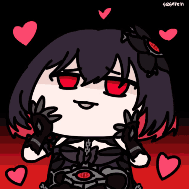 a black and white drawing of a girl with red eyes and hearts around her and the word seeren on the bottom