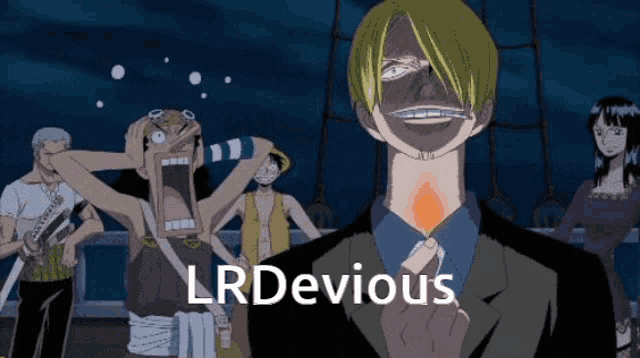 a group of anime characters are standing around a man with a lit match in his hand and the words lrdevious on the bottom right