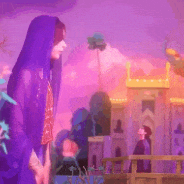 a woman in a purple veil stands in front of a castle