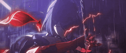 a girl with long hair is holding a sword in the rain .