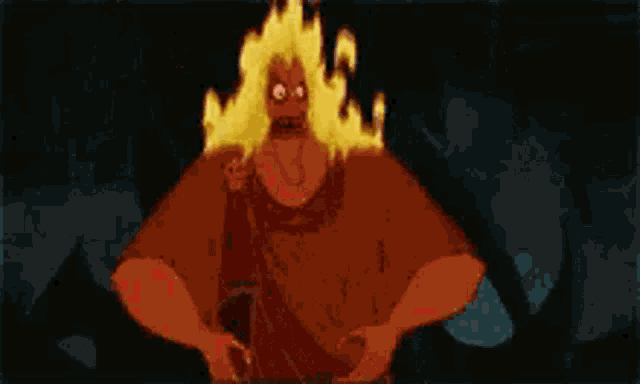 a cartoon character with flames coming out of his head and the word god in white letters