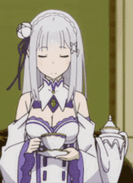 a girl in a purple and white dress is holding a cup of tea and a teapot .