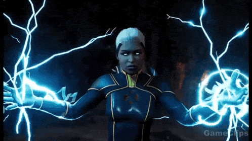 a woman in a blue superhero costume is surrounded by lightning