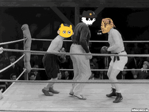 a black and white photo of a boxing match with gimme.io written on the bottom right