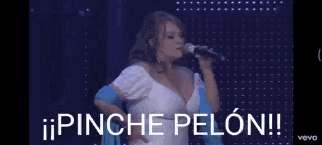 a woman singing into a microphone with the words pinche pelon written on the screen