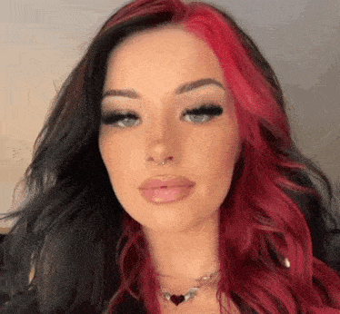 a woman with black and red hair is wearing a nose ring and a necklace .