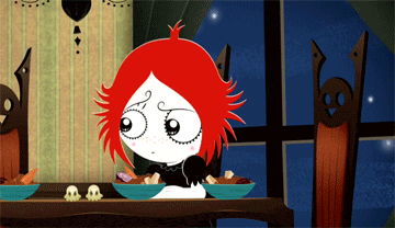 a cartoon of a girl with red hair sitting at a table