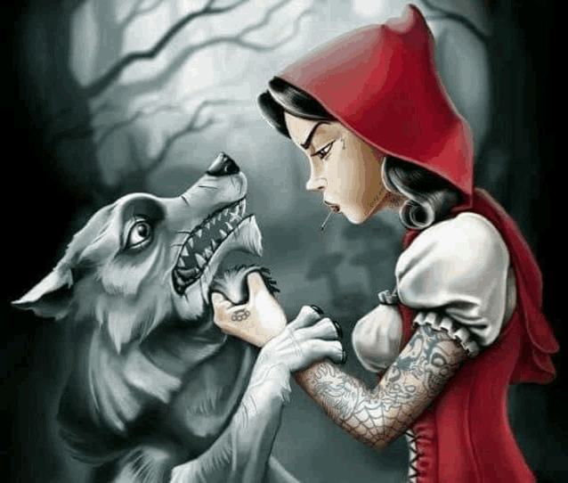 little red riding hood is standing next to a wolf in a forest .