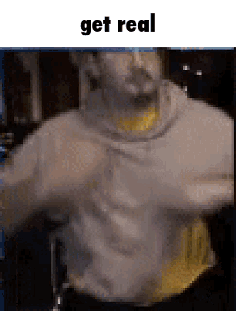 a blurry picture of a man with the words get real on the top