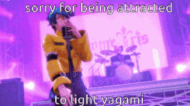 a pixel art of a man singing into a microphone with the words sorry for being attracted to light yagami below him