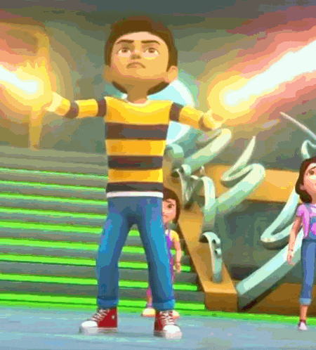 a boy in a yellow and black striped shirt is standing with his arms outstretched in a cartoon scene