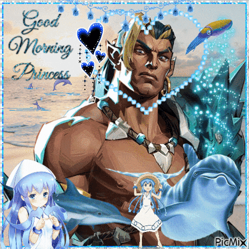 a picture of a man holding a dolphin with the words good morning princess on it