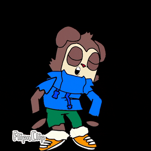 a cartoon of a bear wearing a blue sweater and green shorts with flipa clip written below it