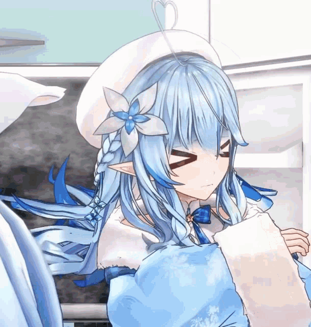 a drawing of a girl with blue hair and a flower on her hair