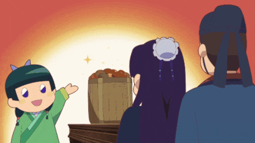 a cartoon of a girl standing next to a man and a woman with a basket in the background