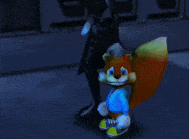 a cartoon squirrel is standing next to a man in a suit .
