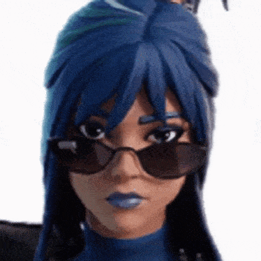 a close up of a woman 's face wearing sunglasses and blue lipstick .