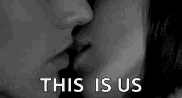 a man and a woman are touching noses in a black and white photo with the words `` this is us '' .