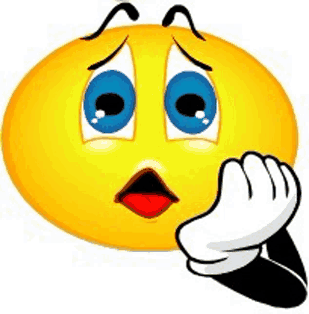 a yellow smiley face with blue eyes and a hand covering its mouth .