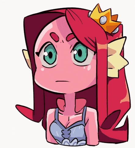 a cartoon drawing of a girl with red hair and green eyes