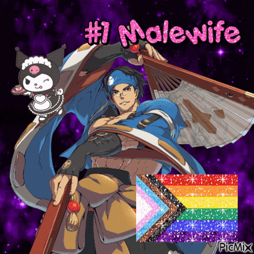 a picture of a man holding a fan with # 1 malewife written above him