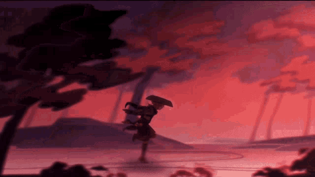 a cartoon drawing of a person holding an umbrella in front of a red sky
