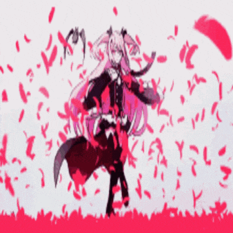 a girl with long pink hair is surrounded by pink petals .