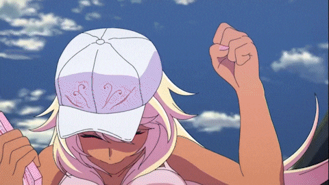 a cartoon girl wearing a white hat with a floral design on it
