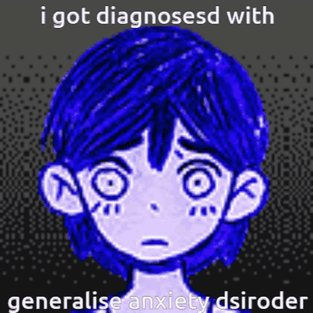 a pixel art of a girl with blue hair and the words " i got diagnosed with generalise anxiety disorder "