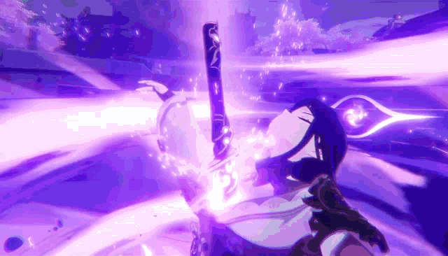 a person is holding a sword in their hand in a video game and it is purple .