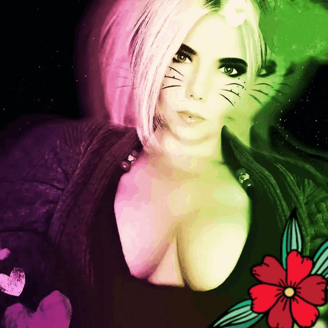 a woman with cat whiskers on her face and a flower in the background