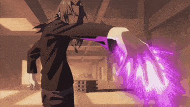 a man with long hair is holding a purple object