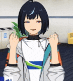 a girl with short black hair is standing in a room with her fist in the air