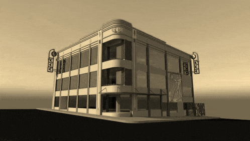 a black and white photo of a building with a sign that says cbd