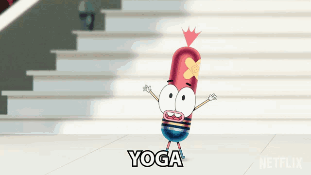 a cartoon character with a bandage on his head and the word yoga on the bottom
