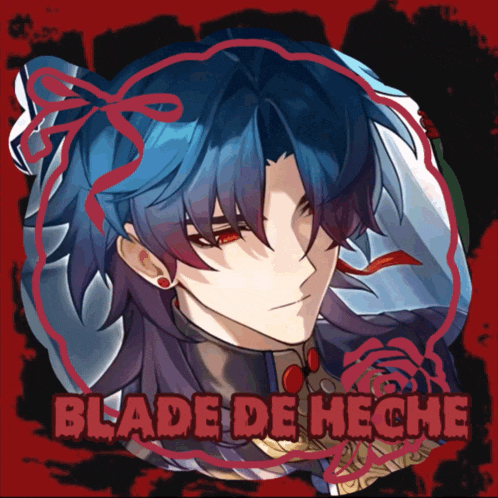 a drawing of a man with blue hair and the words blade de hecho below him