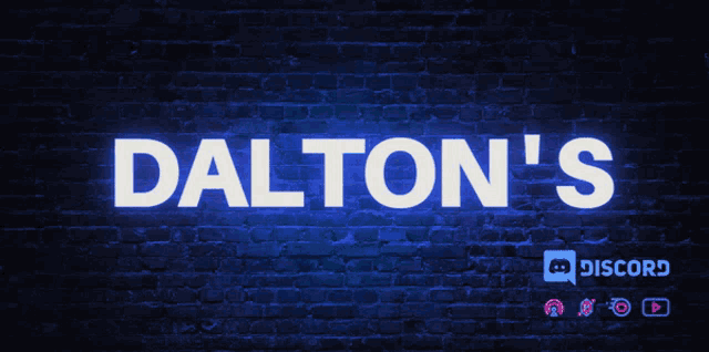 a neon sign that says dalton 's on a blue brick wall