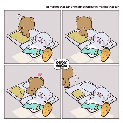 a cartoon of two teddy bears laying on a bed with a carrot next to them