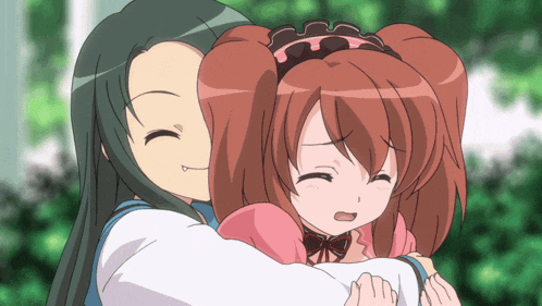a girl with long hair is hugging another girl