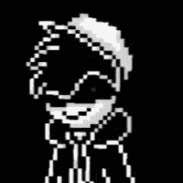 a pixel art of a skeleton with a bow tie and sunglasses on a black background .