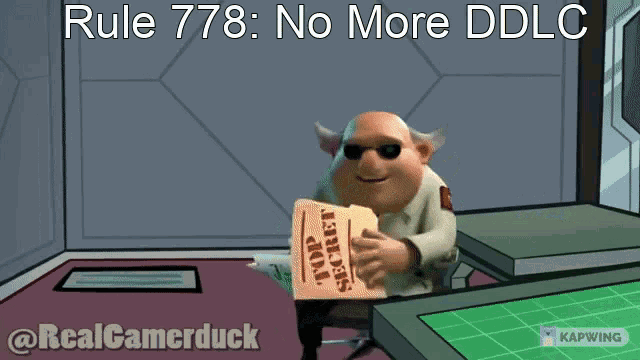 a cartoon character sitting at a desk with a piece of paper that says top secret on it