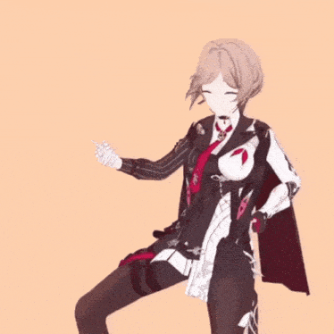 a girl in a suit with a red scarf around her neck holds a sword