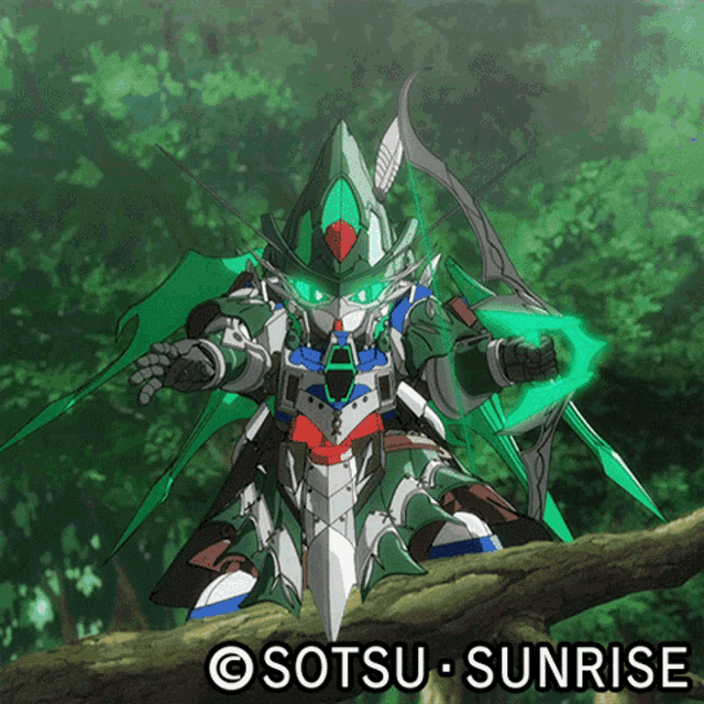 a robot with a bow and arrow is sitting on a tree branch with the words sotsu sunrise on the bottom