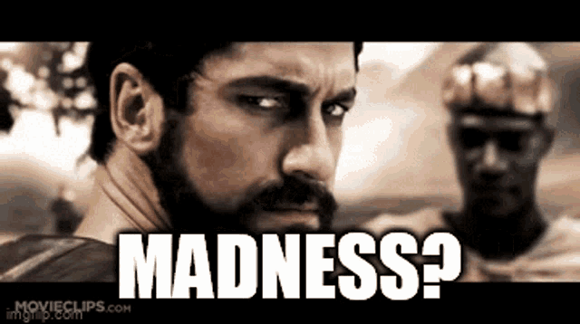 a man with a beard is standing next to another man with the word madness written on it