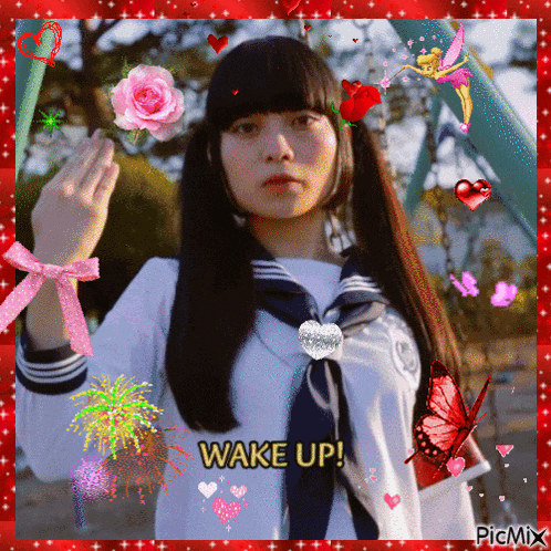 a picture of a girl in a school uniform with the words wake up on the bottom